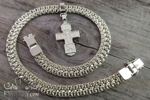 Cross and chain of silver, weaving Double Bismarck to buy