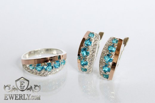 Кольцо и серёжки из серебра с золотом и светло-голубыми камнями для девушек