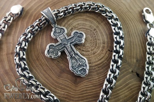 Men's silver chain 100 grams with a cross, weaving Bismarck