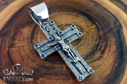 Buy men's cross made of silver with stones (blue fianites)