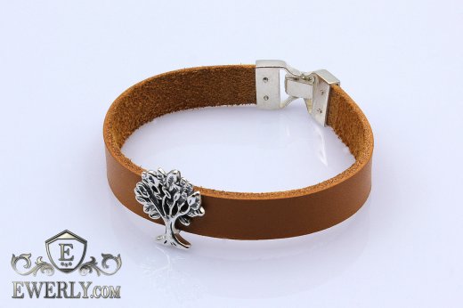 Купить женский кожаный браслет с серебром в виде дерева