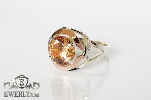 Купить кольцо из серебра с золотом и камнем цвета - шампань для женщины