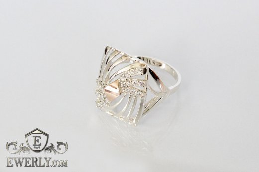 Широкое женское серебряное кольцо 925 пробы с золотыми вставками