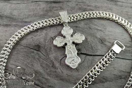 Купить мужскую серебряную цепочку с крестом нательным православным