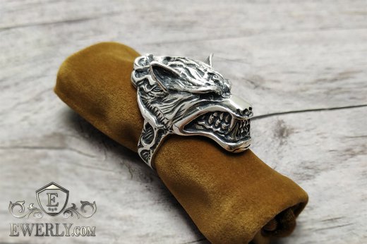 Серебряное кольцо с головой волка. Купить мужской перстень Волк, серебро 925 пробы